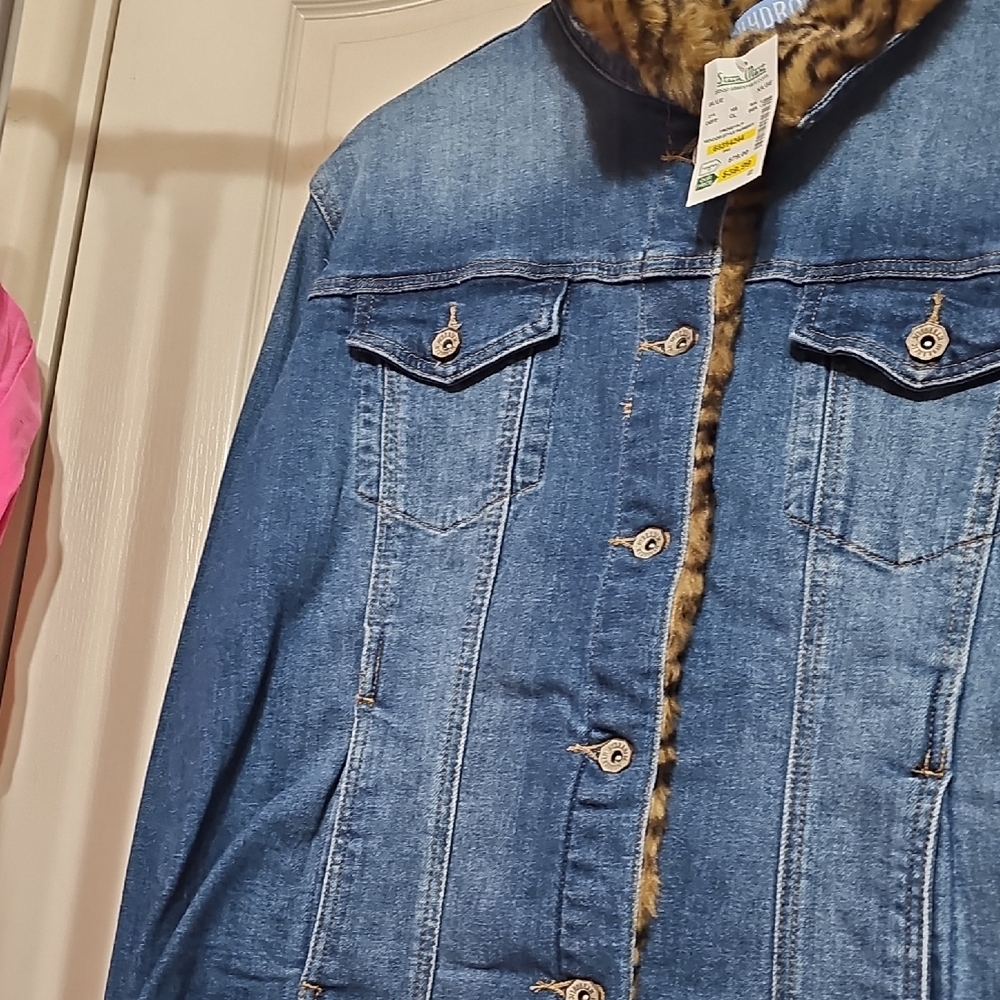 Hydraulic Blue Denim Jacket with Leopard Print Trim - Picture 3 of 6